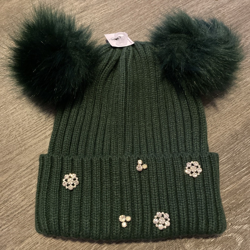 NWT! DISNEY PARKS WOMEN'S EMERALD GREEN MICKEY EARS BLING POM POM HAT H23"W21.5